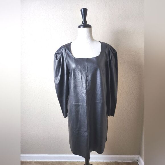 MaxMara Faux Leather Puffy Sleeve Mini Dress Black Size M New